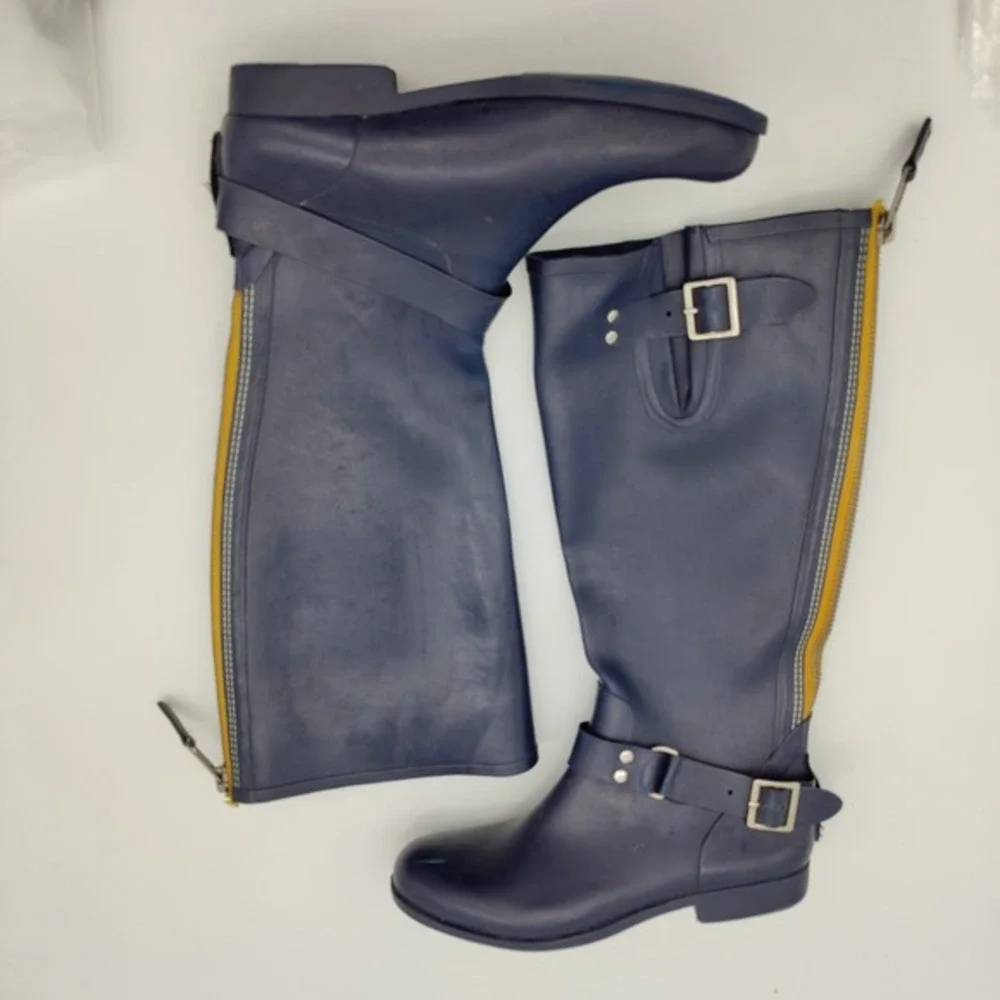 Steve Madden Womens Moto Equestrian Tall Rain Boot 10 Navy Tsunami Harness Zip